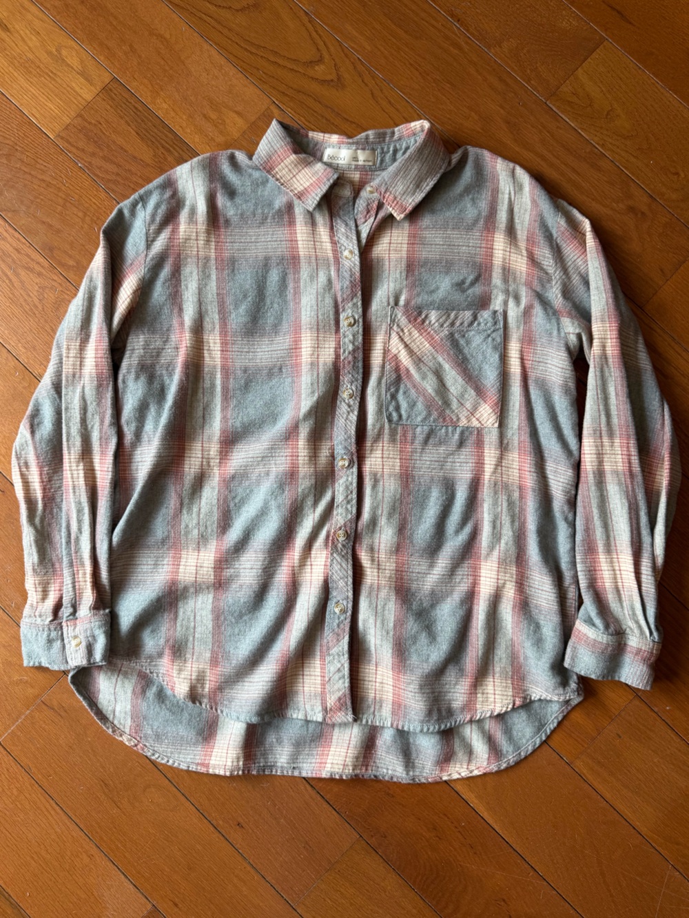 Bécool Gray Mauve Plaid Flannel Button Down Relaxed Fit Shirt Size L
